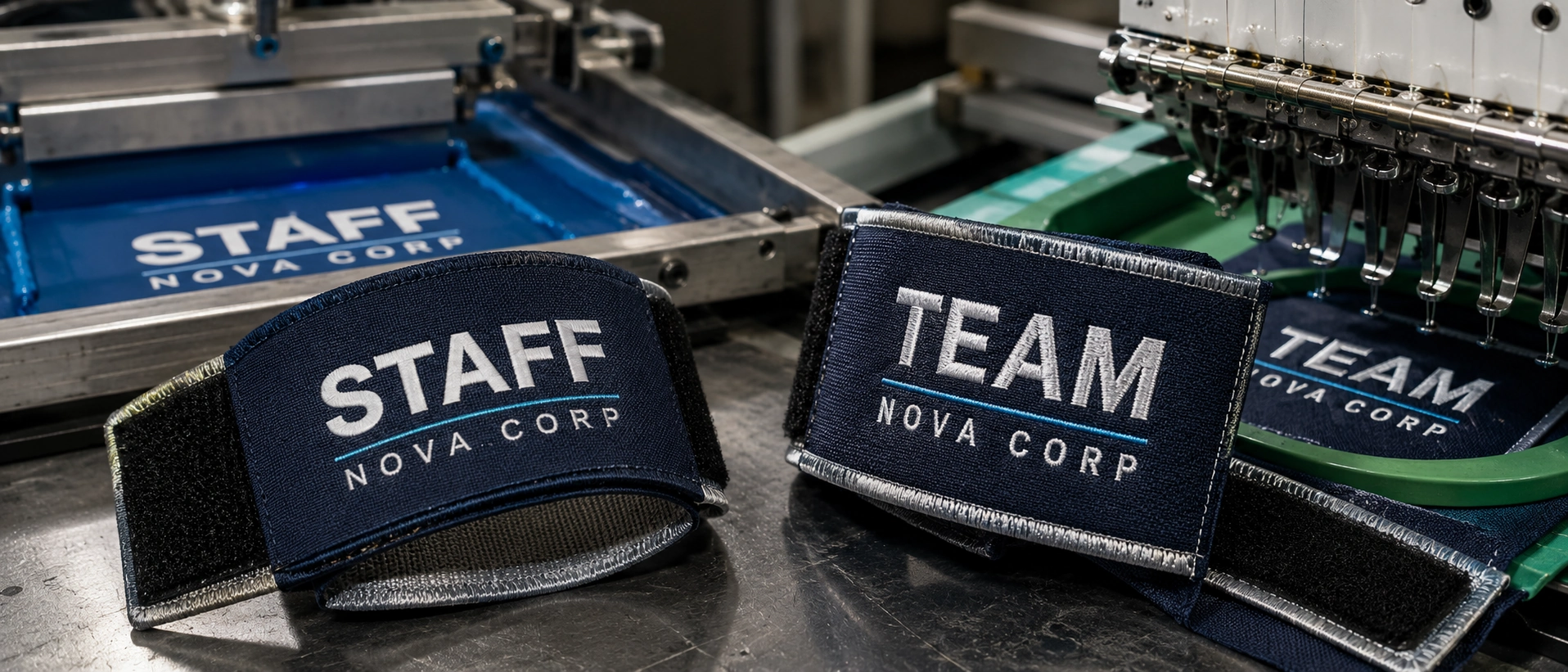 Close-up of screen printing and embroidery on personalized fabric armbands for corporate branding Close-up of screen printing and embroidery on personalized fabric armbands for corporate branding