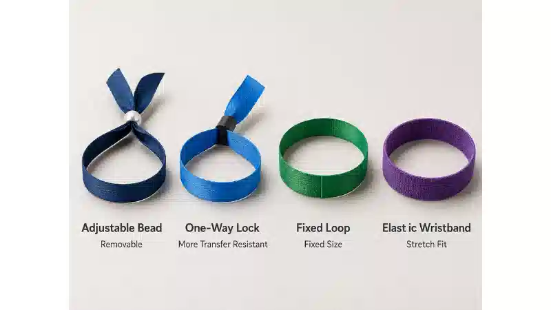 Comparison of adjustable bead, one-way lock, fixed loop and elastic fabric wristband closures Comparison of adjustable bead, one-way lock, fixed loop and elastic fabric wristband closures