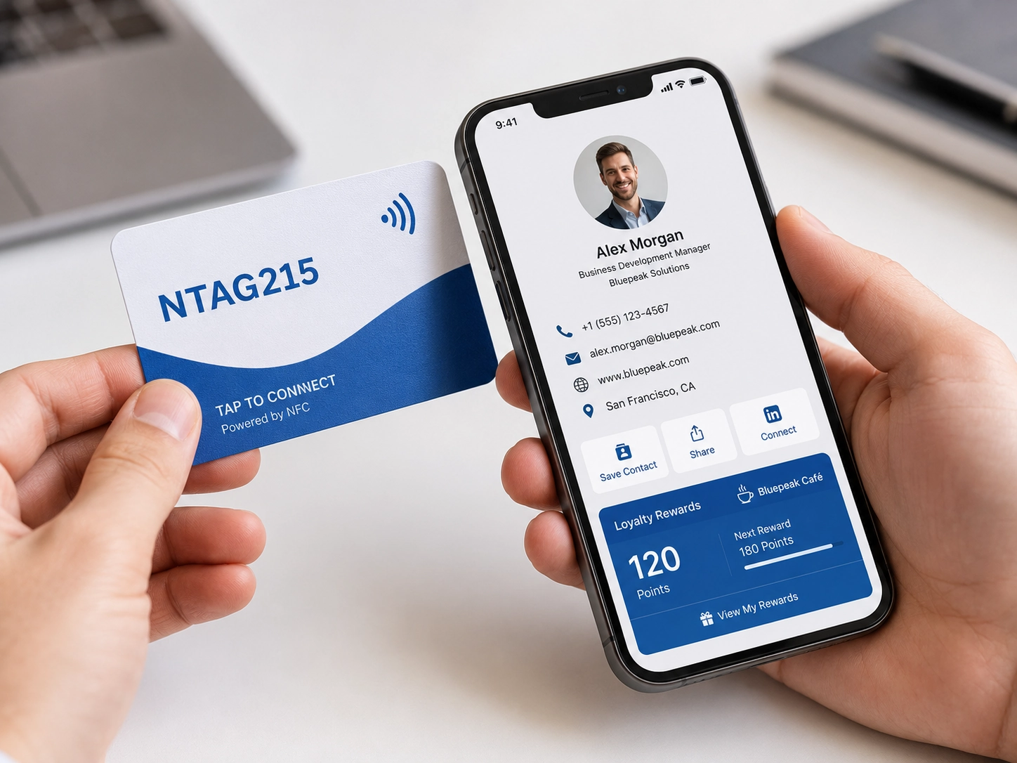 Smartphone reading custom NTAG215 business card for tap-to-open digital networking and loyalty applications