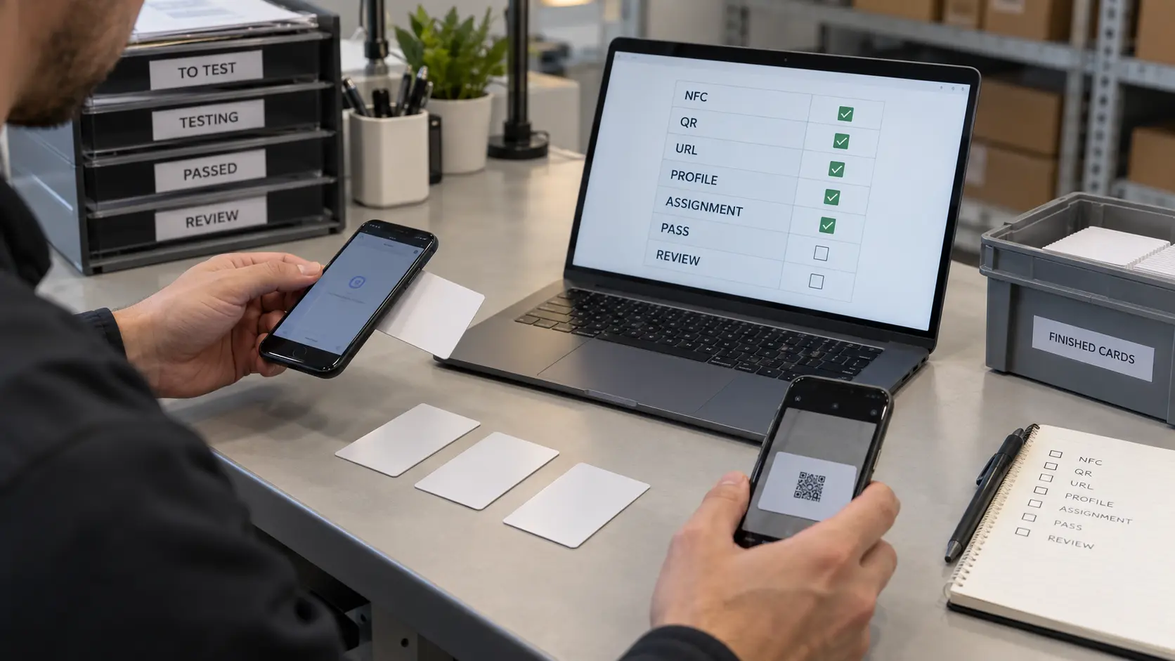 Enterprise NFC business cards being tested for NFC tap, QR fallback, destination URL and employee-profile assignment before rollout. Enterprise NFC business cards being tested for NFC tap, QR fallback, destination URL and employee-profile assignment before rollout.